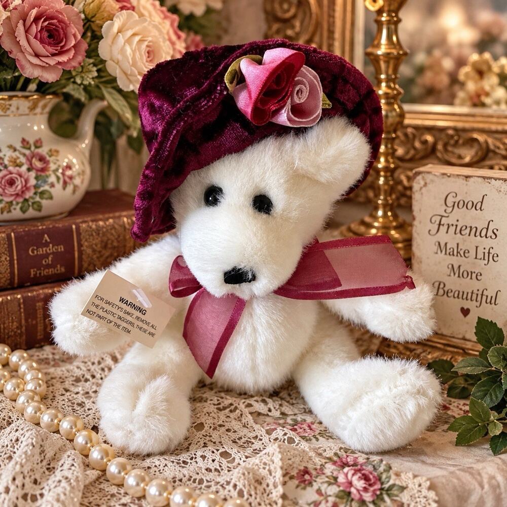 Vintage Dan Dee Collector’s Choice White Teddy Bear Velvet Hat Roses 9”
